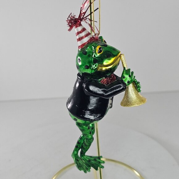 Frog Ornament Playing Trumpet With Party Hat & Tuxedo Glass - Picture 3 of 7